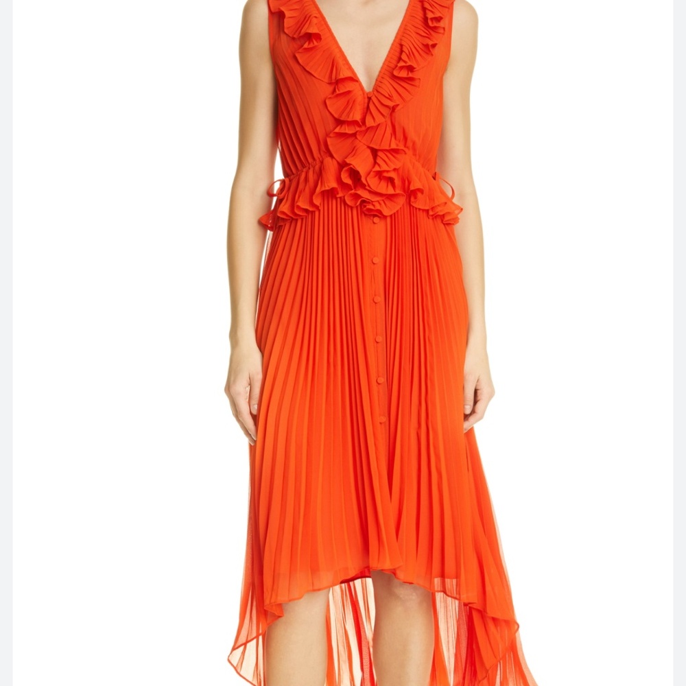 Self Portrait Pleated Chiffon Midi Dress Orange Color Size 4